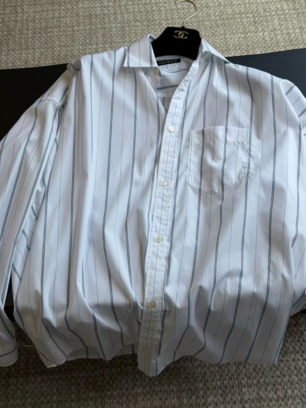 Balenciaga White Shirt with Black Logo and Navy Pinstripes - Picture 2 of 5